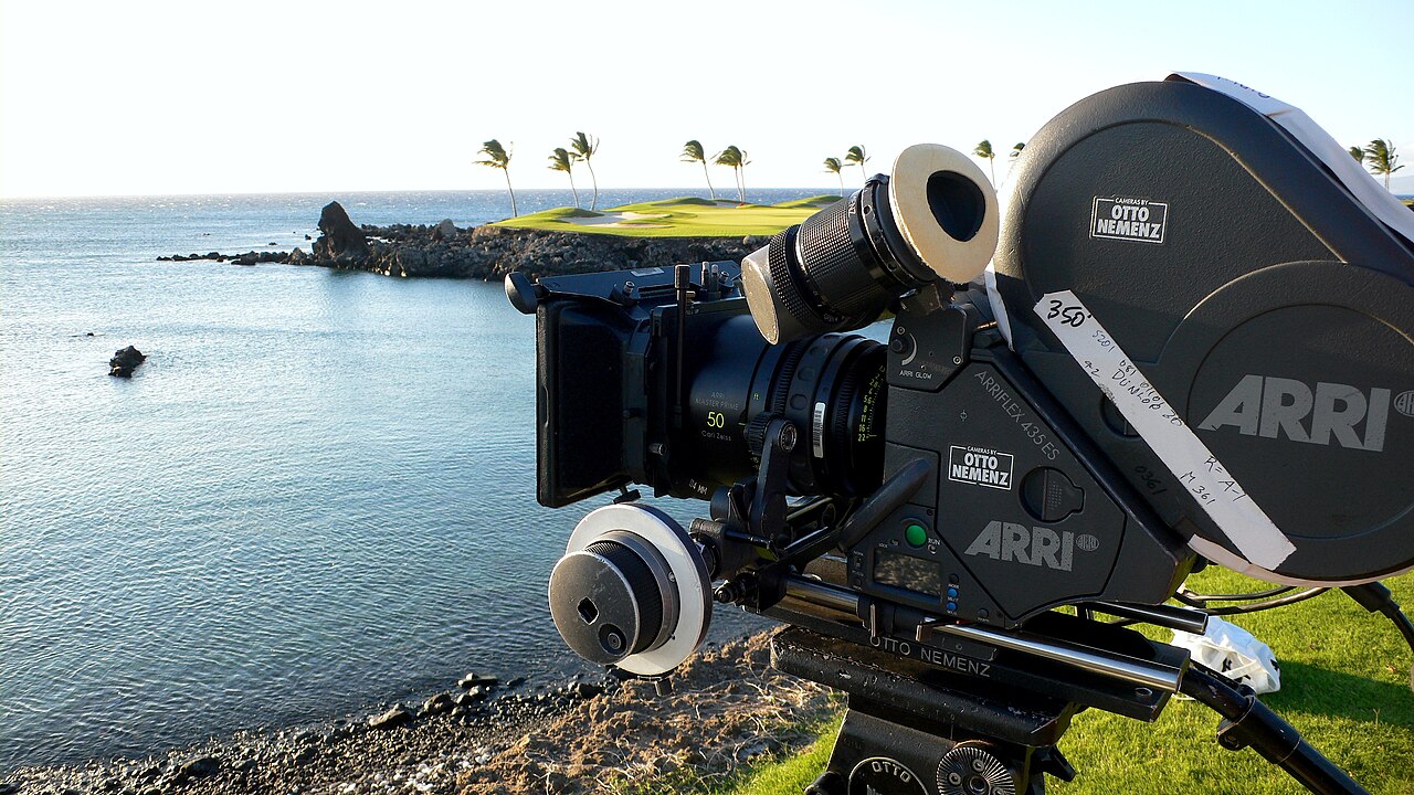 ARRI 435 camera beside the coast; contextual production photograph. Photo: